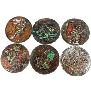 Chile Hand Tooled Leather Drink Coasters Set of 6 Round Painted Handmade